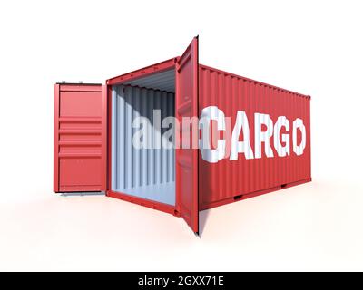 Navire à vide le récipient avec le mot CARGO sur le côté, avec des portes ouvertes, isolé sur fond blanc. 3D illustration Banque D'Images