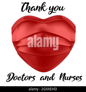 Merci - médecins et infirmières - gratitude aux travailleurs médicaux - autocollant ou badge design, masque facial et texte lettrage avec signe d'amour.Merci Docteur Banque D'Images