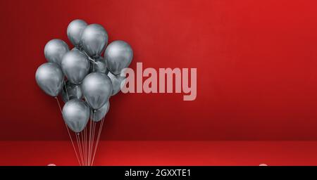 Ballons argentés sur fond de mur rouge. Bannière horizontale. Rendu de l'illustration 3D Banque D'Images