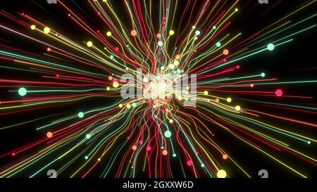 Les bandes 3D numériques s'éloignent de la sphère lumineuse. Particules géométriques dansantes dans l'espace de rotation déformé. Explosion de supernova abstraite avec cha Banque D'Images