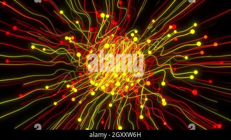 Les bandes 3D numériques s'éloignent de la sphère lumineuse. Particules géométriques dansantes dans l'espace de rotation déformé. Explosion de supernova abstraite avec cha Banque D'Images