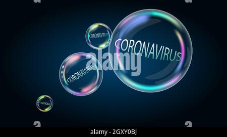 Le coronavirus covid-19 est un problème de gonflement dans la bulle de savon. Les fausses nouvelles vont bientôt éclater et être détruites. Vecteur EPS10. Banque D'Images