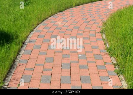 trottoir pavé de briques à travers une herbe verte Banque D'Images