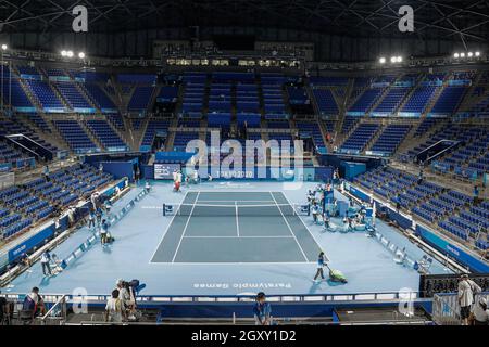 Tokyo, Japon.2021 août 27.Tournoi de tennis en fauteuil roulant dans le court principal.Vue principale depuis le haut lorsque le terrain est vide Banque D'Images