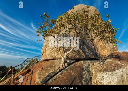 Roche de méditation à Mihintale, Sri Lanka - le rocher géant utilise pour les méditations au coucher du soleil Banque D'Images