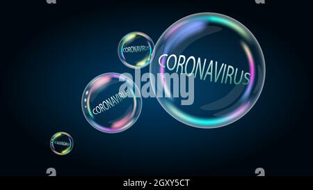 Le coronavirus covid-19 est un problème de gonflement dans la bulle de savon. Les fausses nouvelles vont bientôt éclater et être détruites. Vecteur EPS10. Illustration de Vecteur