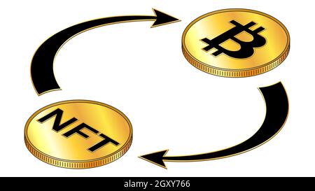 Concept isométrique de circulation de NFT et Bitcoin avec des symboles noirs sur des pièces d'or et des flèches cycliques isolées sur du blanc. Elément de conception vectoriel. Illustration de Vecteur