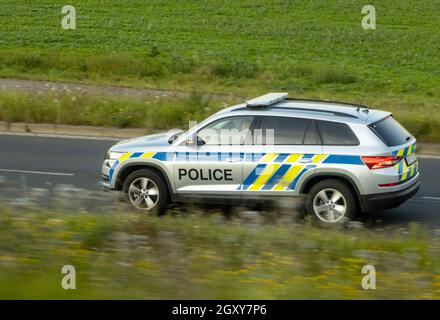 Une voiture de police se déplace sur la route au milieu de la verdure Banque D'Images