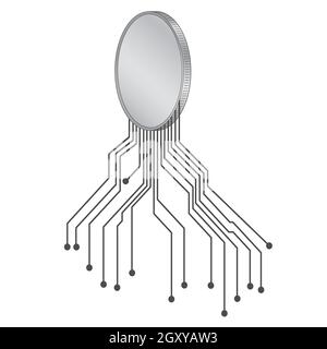 Pièce de monnaie isométrique futuriste avec pistes PCB en gris isolées sur blanc. Vide pour logo ou symbole. Illustration vectorielle. Illustration de Vecteur