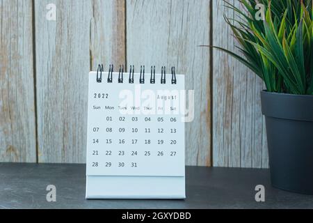 Calendrier blanc du 2022 août avec plante en pot.Concept du nouvel an 2022 Banque D'Images