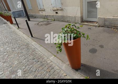 Paris, passage Jean Nicot, Blumentopf über Verkehrspoller Banque D'Images