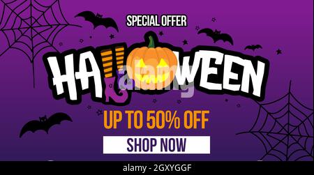 Offre spéciale, promotion Halloween. Jusqu'à 50 % de réduction - bannière de promotion marketing.Carte de lettrage dessinée à la main, arrière-plan.Illustration vectorielle pour bannière, disque Illustration de Vecteur