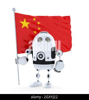 Robot Android debout avec drapeau de la Chine. Isolated over white Banque D'Images