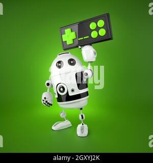 Robot Android avec une manette sans fil. Isolated on white