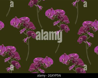 Motif floral sans couture avec fleurs et feuilles d'orchidées. Illustration botanique dessinée à la main. Imprimé textile, nuance de tissu, papier d'emballage. Illustration de Vecteur