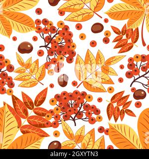 Motif automnal sans couture de baies de rowan rouges et de feuilles jaunes et de fruits de châtaignier sur fond sombre. Image vectorielle. Illustration de Vecteur