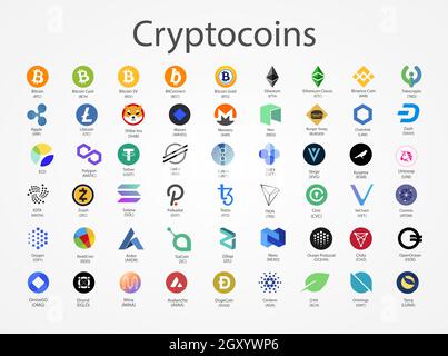 Icônes de pièces vectorielles crypto-monnaies isolées sur fond blanc. Illustration de Vecteur