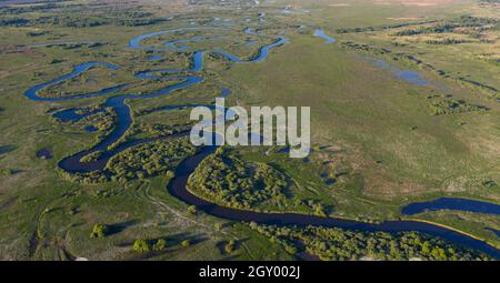 Une rivière sinueuse traverse une plaine marécageuse et une forêt, vue aérienne. Banque D'Images