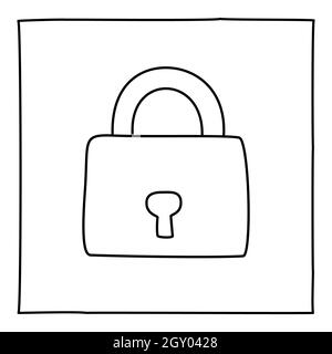 Icône ou logo Doodle Padlock, dessiné à la main avec une fine ligne noire. Élément de conception graphique isolé sur fond blanc. Illustration vectorielle Banque D'Images