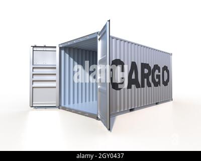 Navire à vide le récipient avec le mot CARGO sur le côté, avec des portes ouvertes, isolé sur fond blanc. 3D illustration Banque D'Images