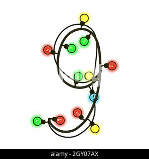 Chiffre de Noël 9 de guirlande isolée sur blanc. Ampoules colorées sur les fils. Police manuscrite pour le texte ou le logo. Vecteur EPS 10. Illustration de Vecteur