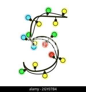 Chiffre de Noël 5 de guirlande isolée sur blanc. Ampoules colorées sur les fils. Police manuscrite pour le texte ou le logo. Vecteur EPS 10. Illustration de Vecteur