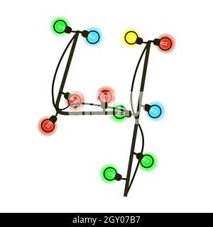 Chiffre de fête 4 de guirlande isolée sur blanc. Ampoules colorées sur les fils. Police manuscrite pour le texte ou le logo. Vecteur EPS 10. Illustration de Vecteur