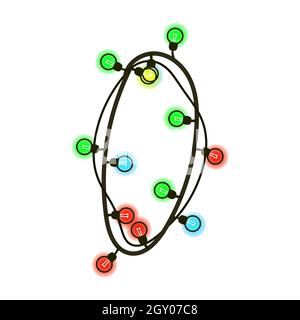 Chiffre de Noël 0 de guirlande isolée sur blanc. Ampoules colorées sur les fils. Police manuscrite pour le texte ou le logo. Vecteur EPS 10. Illustration de Vecteur