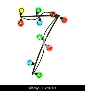 Chiffre de Noël 7 de guirlande isolée sur blanc. Ampoules colorées sur les fils. Police manuscrite pour le texte ou le logo. Vecteur EPS 10. Illustration de Vecteur