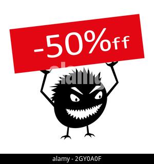 Funny Monster détient une affiche de réduction de 50 pour cent. Une créature mal pour faire campagne dans les magasins en ligne. Vecteur isolé. Illustration de Vecteur