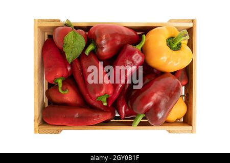 poivrons rouges et jaunes dans une caisse en bois isolée sur fond blanc, poivrons doux frais dans une boîte en bois, légumes pour une alimentation saine végétarienne, Banque D'Images