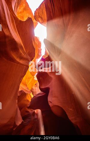 Vue à œil de ver depuis le fond d'un canyon où la lumière du soleil se filtre Banque D'Images