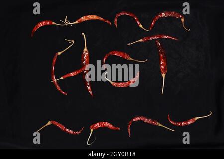 Photo de chilis rouge arrangé pour épeler chaud sur un fond noir, Maharashtra, Inde Banque D'Images