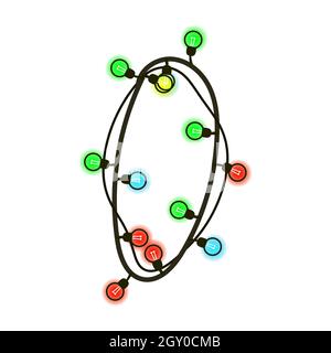 Chiffre de Noël 0 de guirlande isolée sur blanc. Ampoules colorées sur les fils. Police manuscrite pour le texte ou le logo. Vecteur EPS 10. Banque D'Images