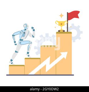 Robot machine leader escalade échelle de carrière avec coupe trophée et drapeau, illustration vectorielle.Ai croissance de carrière, leadership. Illustration de Vecteur