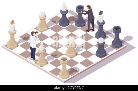 Personnages d'homme d'affaires jouant à un jeu de plateau d'échecs, illustration isométrique vectorielle.Concurrence d'affaires, concept de stratégie Illustration de Vecteur