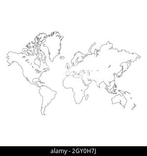 Contour d'une carte du monde détaillée isolée sur fond blanc. Toutes les parties du monde avec un bord détaillé. Vecteur EPS10. Banque D'Images