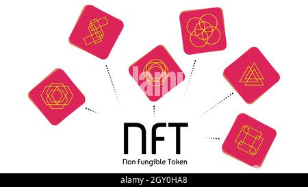 Info-graphiques de jetons de couleur non fongibles NFT isolés sur blanc. Payez pour des objets de collection uniques dans les jeux ou l'illustration vectorielle. Illustration de Vecteur