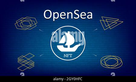 OpenSea texte et logo Internet plate-forme NFT jeton marché et vente aux enchères sur fond numérique bleu. Nouvelle tendance des ventes de pièces de collection. Bannière pour les actualités et Illustration de Vecteur