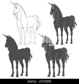 Ensemble d'illustrations en noir et blanc avec unicorn.Objets vectoriels isolés sur fond blanc. Illustration de Vecteur