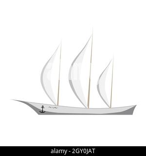 Élégant yacht à voile isolé sur blanc. Voilier blanc. Un ancrage est suspendu sur la carte. Mâts hauts avec voiles tendues. Vecteur EPS10. Illustration de Vecteur