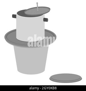 Perce de café traditionnel vietnamien isolé sur blanc. Cafetière. Système de préparation du café chaud qui s'égoutte. Dessin animé plat. Illustration vectorielle. Banque D'Images