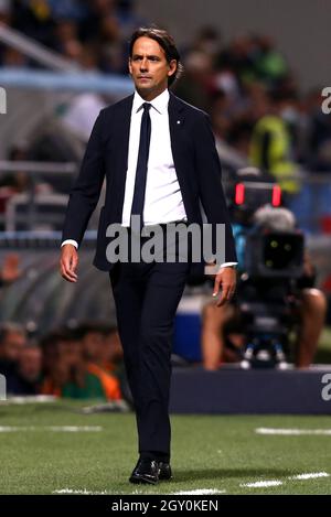 REGGIO NELl'EMILIA, ITALIE - OCTOBRE 02: Simone Inzaghi entraîneur en chef du FC Internazionale regarde sur, pendant la série Un match entre US Sassuolo et FC Internazionale au Mapei Stadium - Citta' del Tricolor le 2 octobre 2021 à Reggio nell'Emilia, Italie. (Photo par MB Media) Banque D'Images