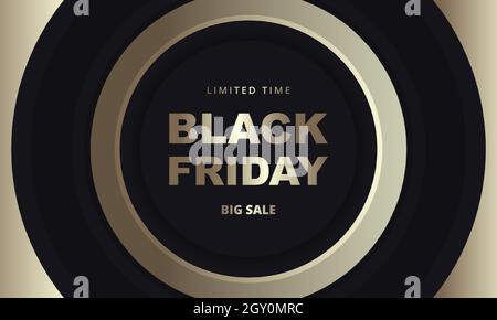 Bannière dorée noire le vendredi. Modèle de bannière de luxe pour le Vendredi noir avec cercles noirs et or sur fond sombre. Illustration de Vecteur