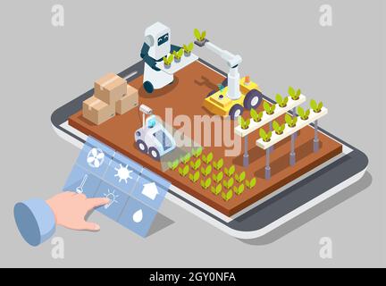 Serre de télécommande isométrique sur l'écran du téléphone portable.Smart Farm, IoT, technologies ai dans l'agriculture, Vector. Illustration de Vecteur
