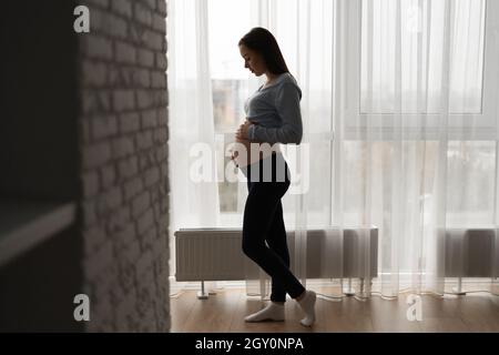 silhouette d'une femme enceinte debout près d'une grande fenêtre et de son gros ventre. Banque D'Images