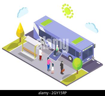 Arrêt de bus isométrique, homme handicapé en fauteuil roulant quittant le bus de la ville en utilisant la rampe d'accès.Vecteur d'accessibilité des transports publics Illustration de Vecteur