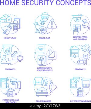 Jeu d'icônes de concept de gradient bleu de sécurité domestique Illustration de Vecteur