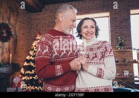 Photo portrait couple senior tenant les mains portant des chandails rouges festifs célébrant noël Banque D'Images