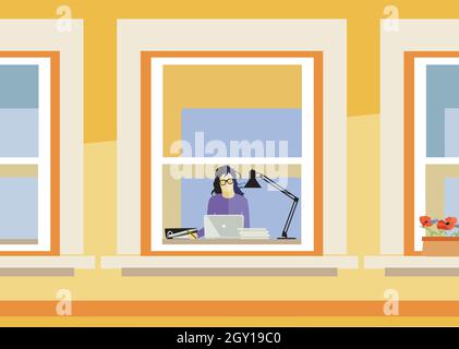 Jeune femme travaillant à la maison, illustration Illustration de Vecteur